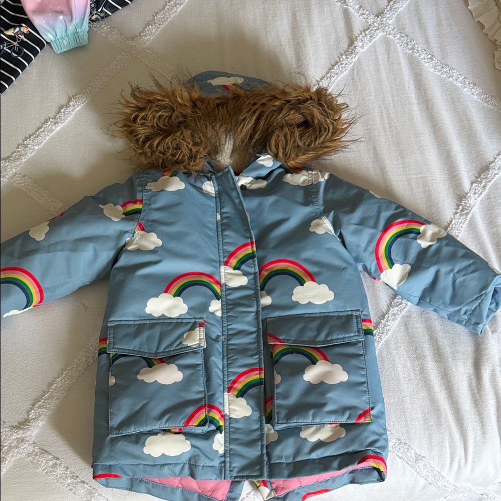 Boden Girl Blue Rain coat and Puffer Jacket with Rainbow Accents